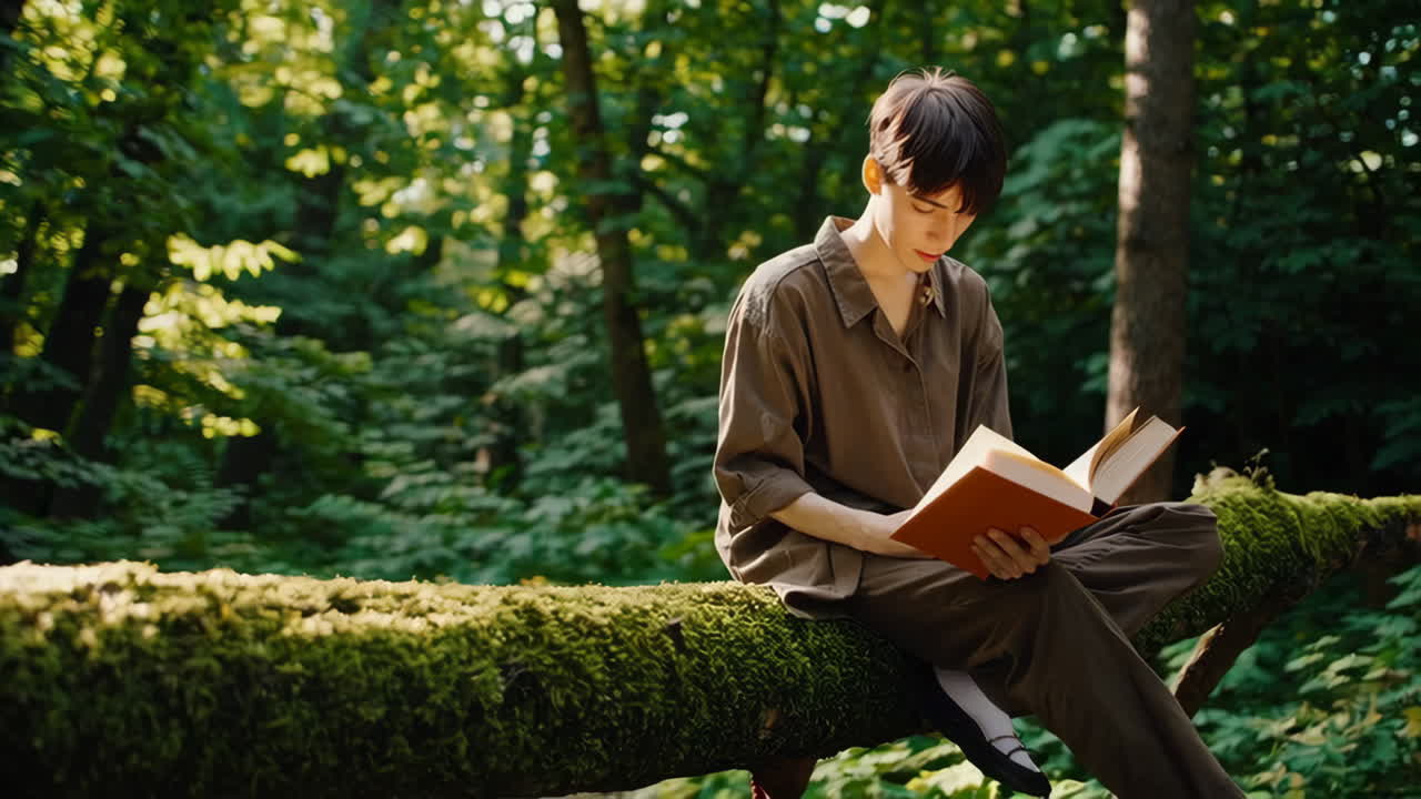 Person Reading a Book on a Mossy Log in a Sunny Forest