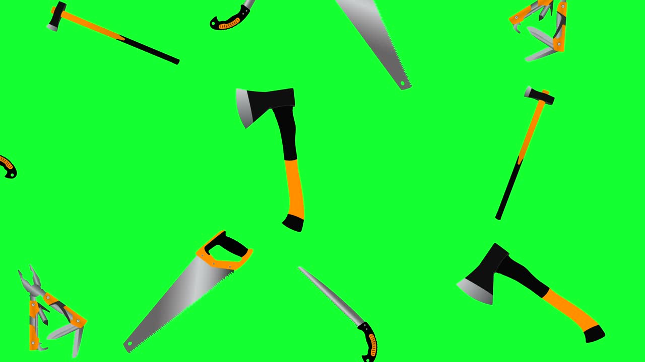 정원 도구 작업 요소 애니메이션, 녹색 화면에서 원활한 루프 크로마 키