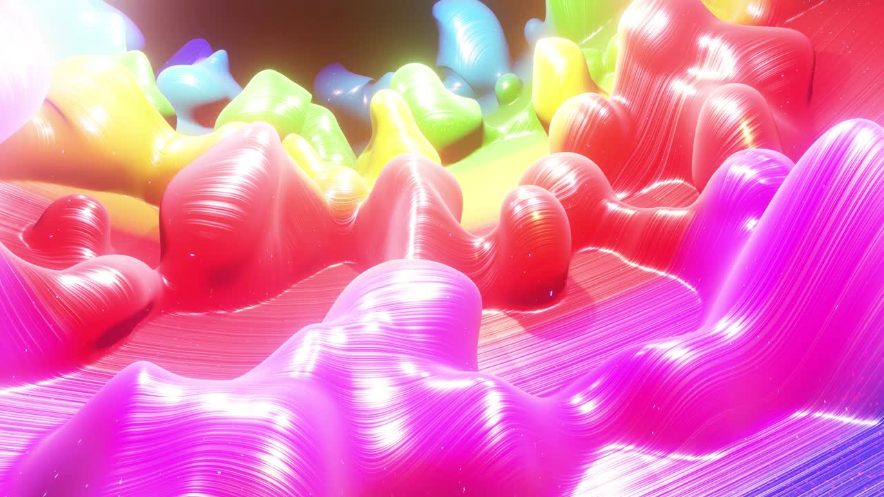 4k에서 액체 그라디언트 무지개 색의 부드러운 추상 애니메이션, 추상적인 루프 축제 배경으로 밝은 반이는 페인트 표면, 물방울처럼 표면에 3d 스플래시와 함께 점성 액체에 반이는.