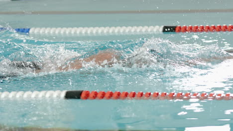 swimming freestyle in pool, athlete training for competition, wearing swim cap