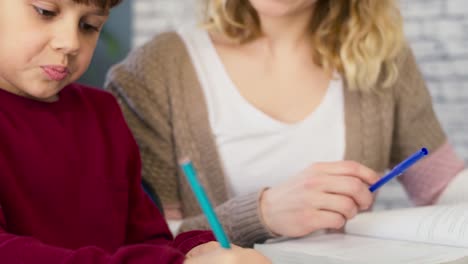 tracking video of concentrated boy during education with his mother