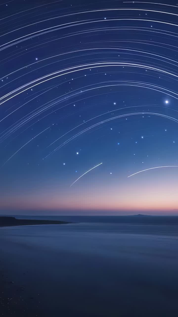 Vertical video: Starting exposure showing star trails curving over coastal water, with shoreline