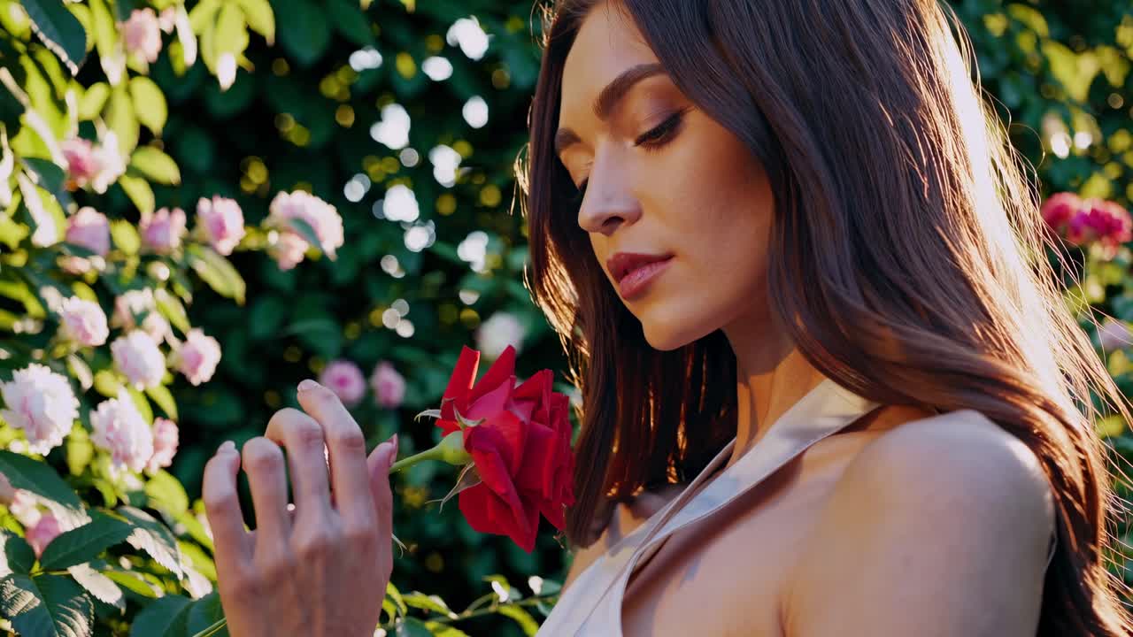 A serene video still of a woman in a garden, captured in profile at eye level, surrounded by lush