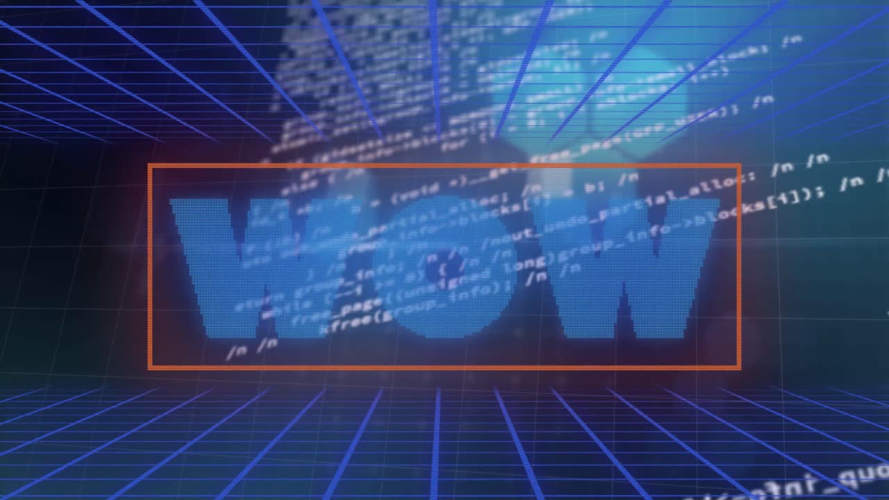 animación del texto wow sobre la cuadrícula azul y procesamiento de datos