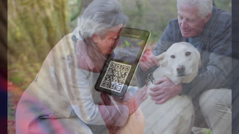 animación de una mujer con un teléfono inteligente con pasaporte de vacunación contra la covid-19 sobre una pareja de ancianos y un perro