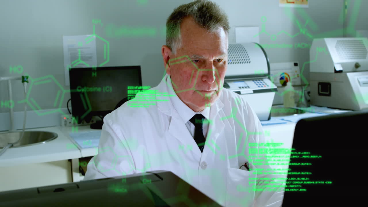 animación de procesamiento de datos médicos contra un científico caucásico que trabaja en un laboratorio