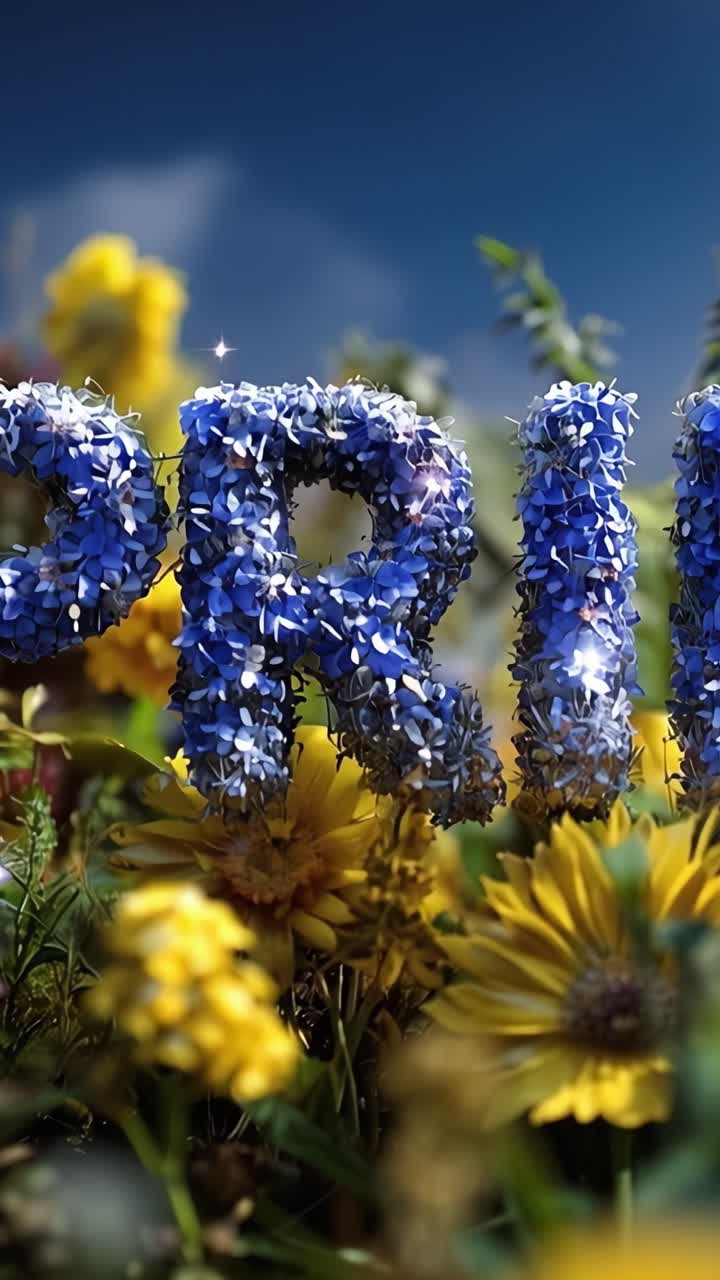 Vibrante esposizione floreale con lettere scintillanti tra una varietà colorata di fiori in un lussureggiante ambiente da giardino, catturata in due distinti fotogrammi.