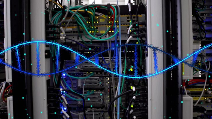 Animation of dna strand and spots over server room