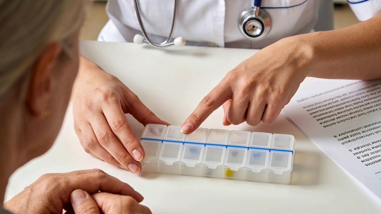 Clínico apontando e inclinando-se, orientando o organizador de comprimidos, de jaleco branco com estetoscópio, explicando as doses.
