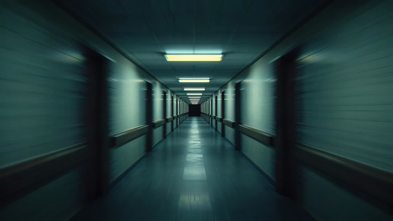 Glijdende corridor die reageert op het naar voren bewegen van de camera in de gang van de zorg, lichten en leuningen die naar een donker einde leiden