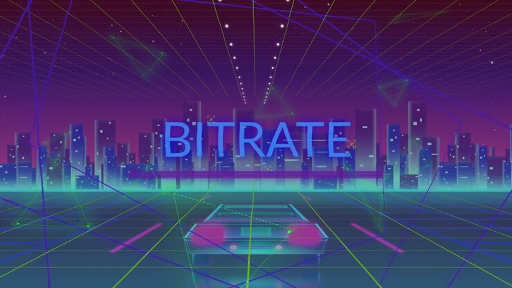 At third second purple bar fading over retro sports car on green grid plane, BITRATE glowing