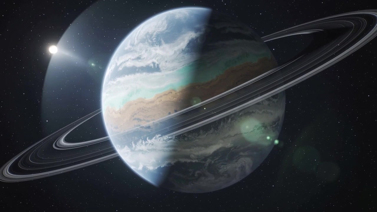 Showing ringed gas giant brightening left side in space, with star appearing and moon approaching