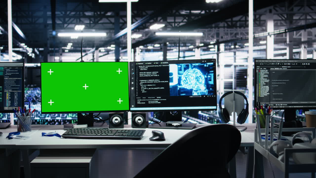 Data Center Green Screen Computers Showing Neural Network Visualization