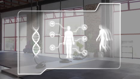 human body and dna structure animation over gym interior with ropes and equipment