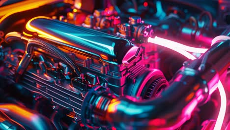 close-up of a futuristic car engine with neon lighting