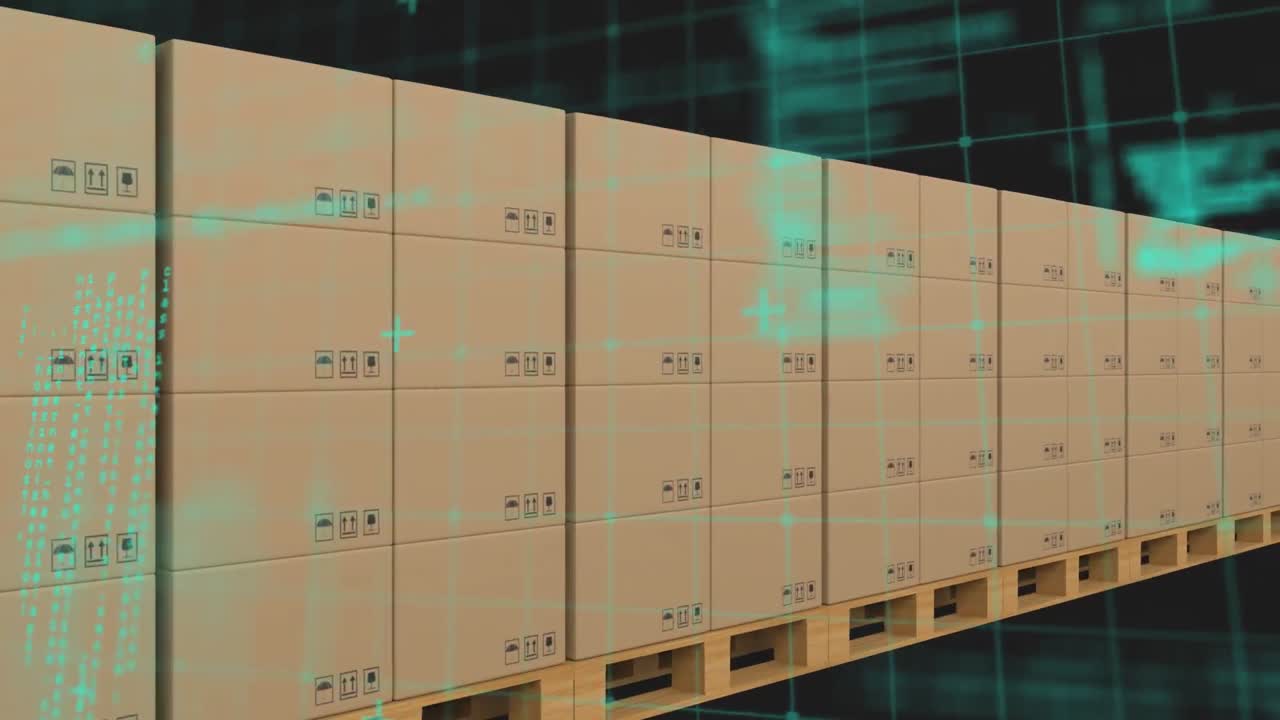 창고의 컨베이어 벨트에 있는 카드보드 상자 위의 데이터 처리 애니메이션