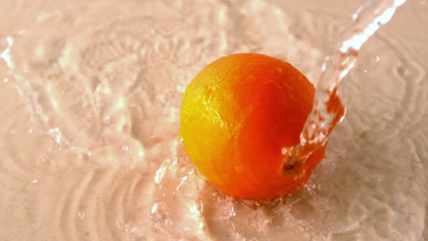 Orange-spinning-on-wet-white-surface