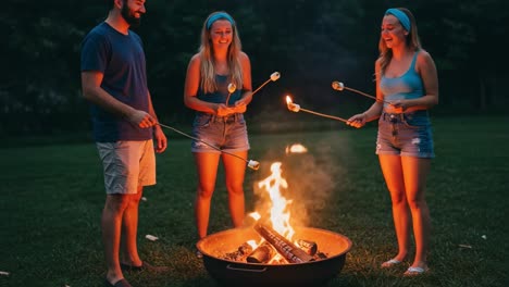 friends roasting marshmallows around a campfire at night