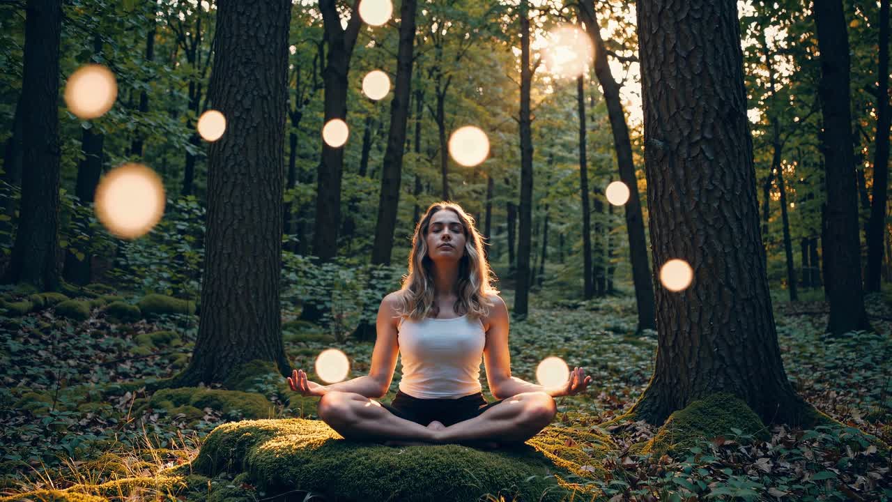 A serene video scene of a woman meditating in a forest, surrounded by glowing orbs