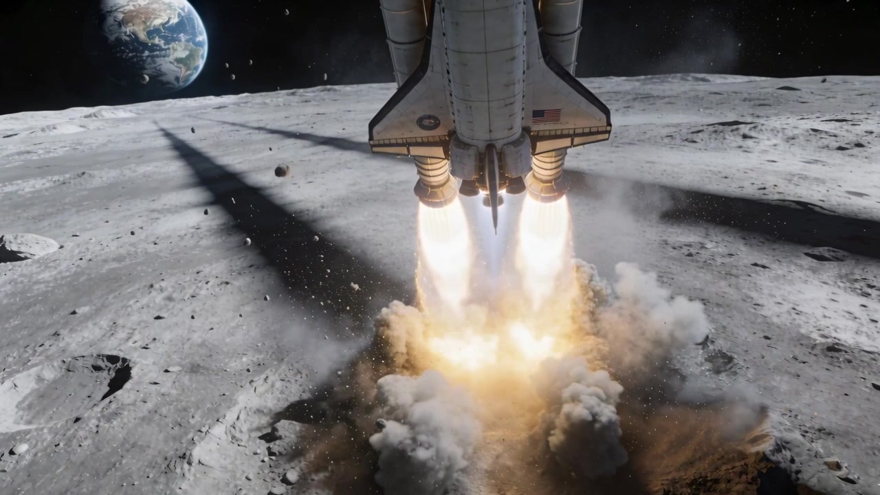 Orbitador alado descendo disparando motores traseiros para pouso sobre a superfície lunar, remexendo o regolito