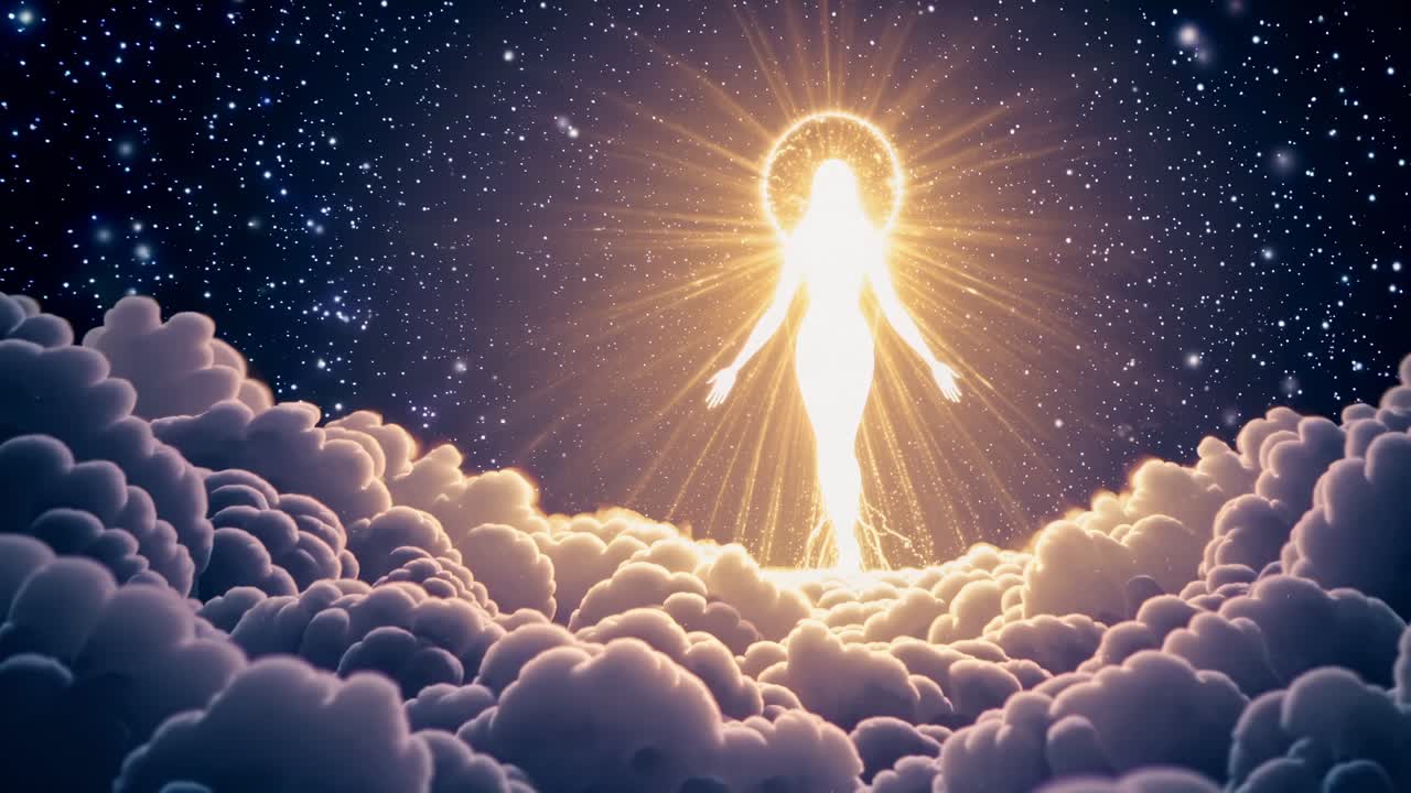 A celestial figure glows amid stars, emerging from clouds. The low-angle view enhances the ethereal