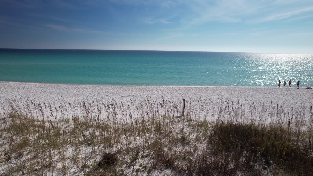 White sand dunes meet the emerald Gulf of Mexico under a bright blue sky. A wide shot captures beachgoers enjoying the clear water and the pristine, sunny shoreline