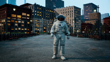 astronauta en un paisaje urbano al amanecer o al anochecer