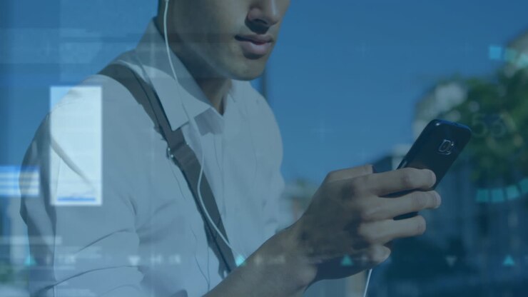 Animation of financial data processing and statistics over biracial man using smartphone