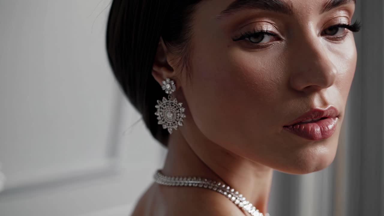 Close-up portrait of a woman with elegant jewelry, eyes closed, in soft lighting