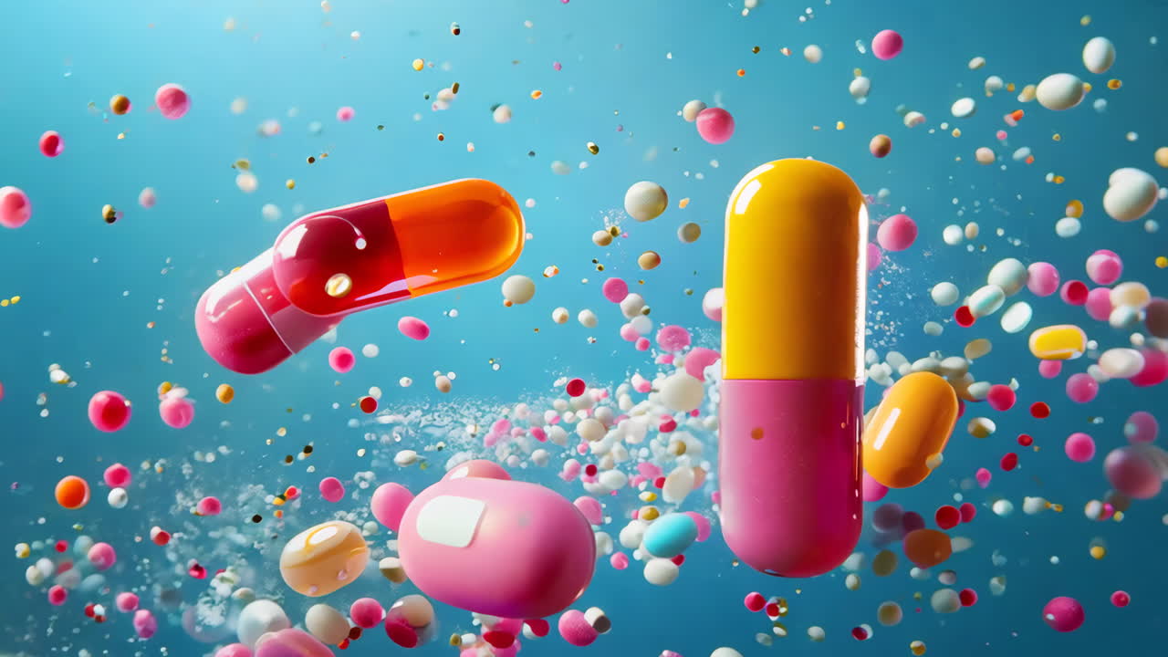 A colorful pill cloud with a blue background. The pill cloud is made up of many different colored pills, including red, yellow, and pink