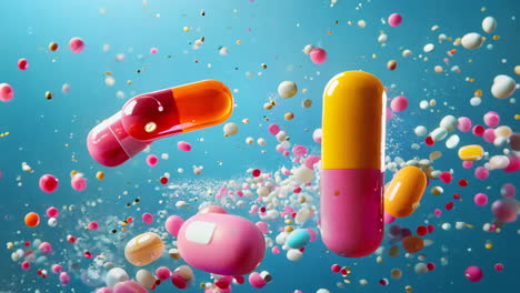 a colorful pill cloud with a blue background. the pill cloud is made up of many different colored pills, including red, yellow, and pink