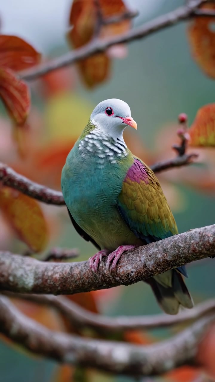 Piccione verde dal collo rosa colorato appollaiato su un ramo d'albero