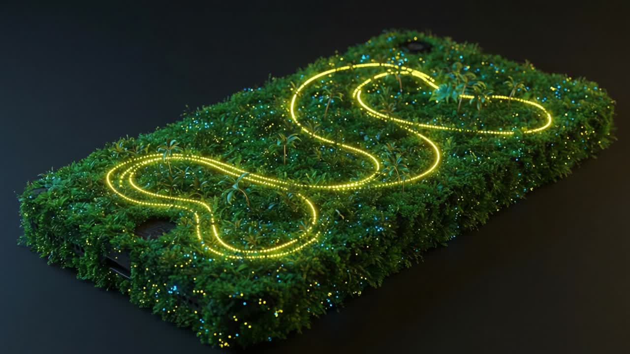 A Captivating Journey Through a Lush Green Terrain with Illuminated Pathways, Showcasing Nature's Beauty Merging with Creativity in a Unique Visual Display