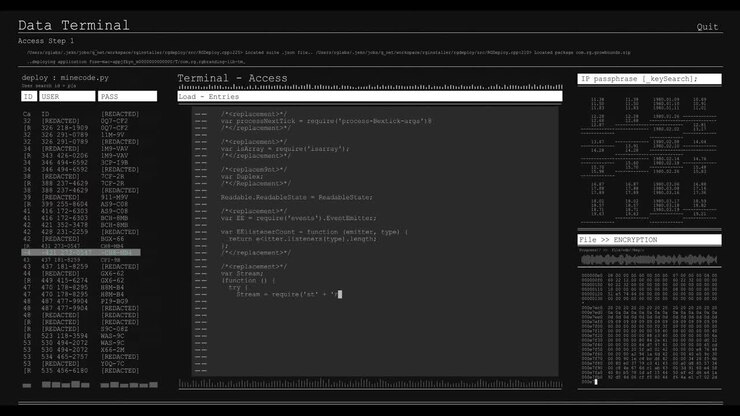 Animation of data processing on grey computer screens