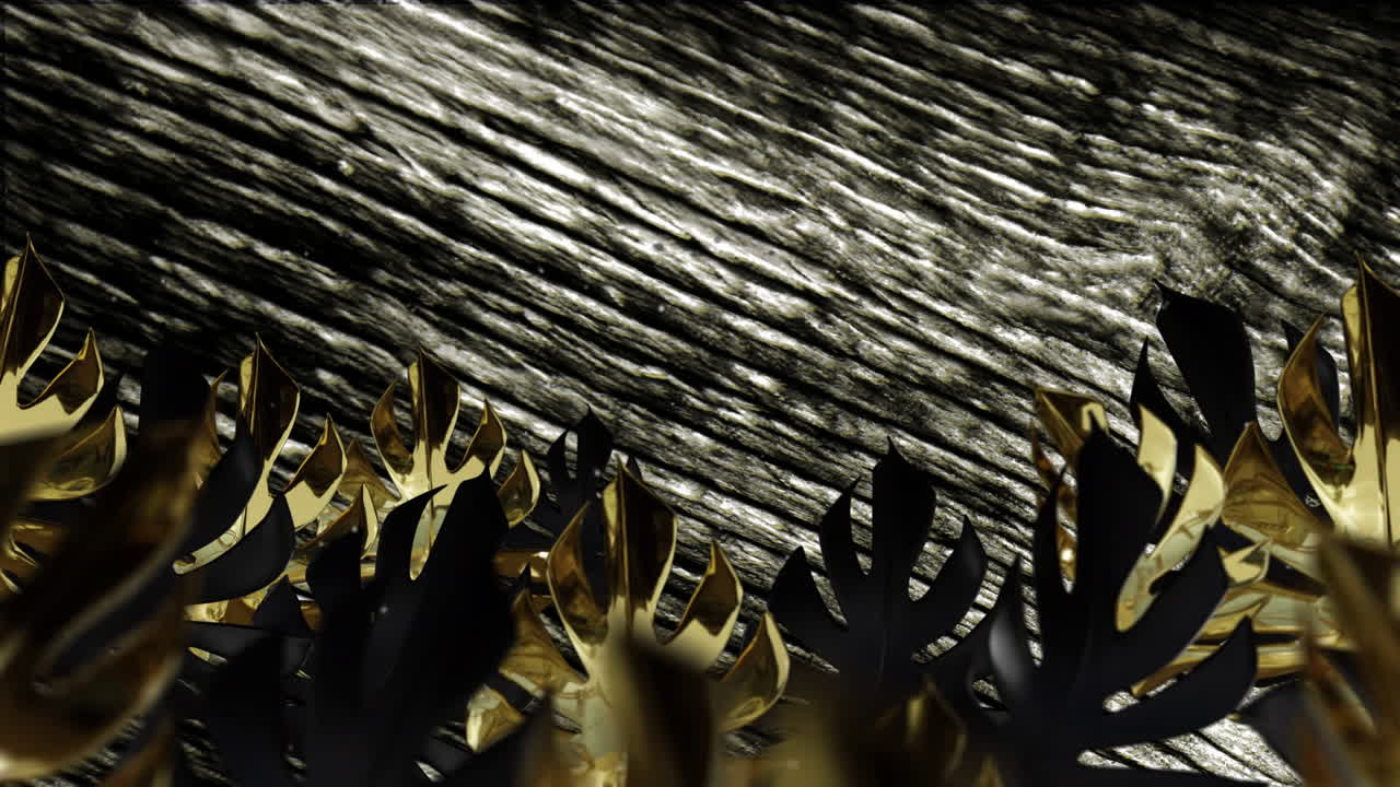 금색 텍스처 위에 잎의 애니메이션과 검은색 배경에 복사 공간