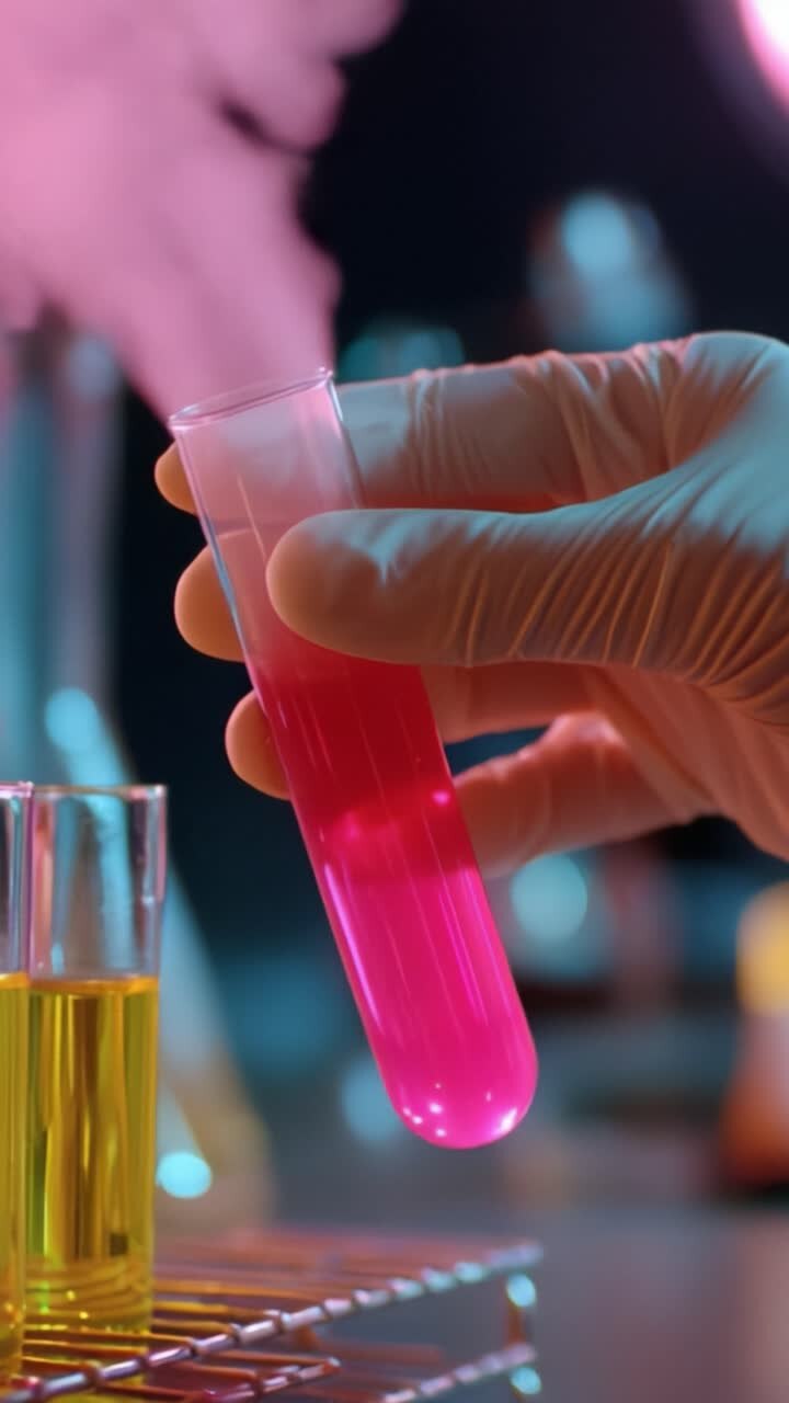 Gloved Hand Holding Test Tube with Pink Bubbling Liquid and Smoke