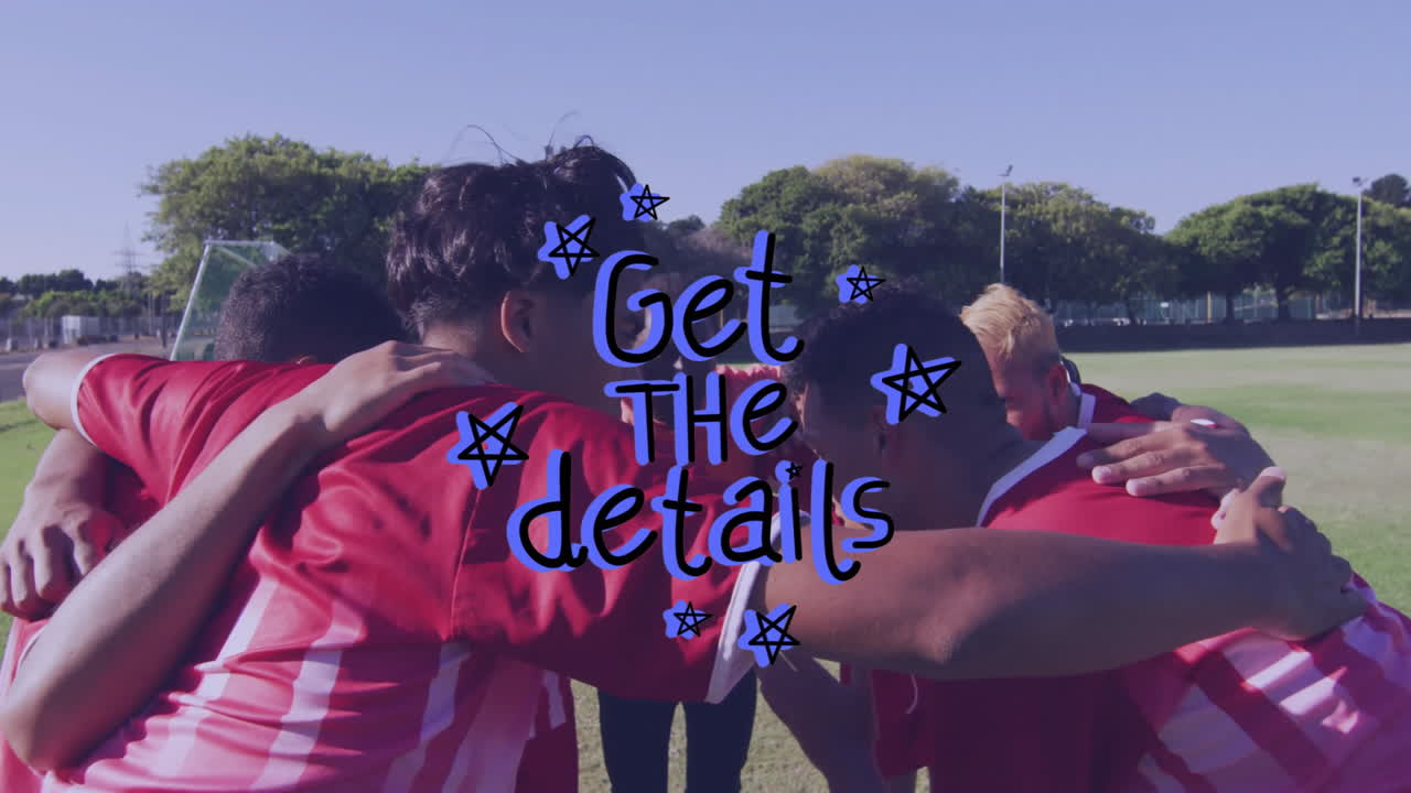 Huddling on field, team discussing strategy with animation of stars and text
