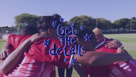 huddling on field, team discussing strategy with animation of stars and text
