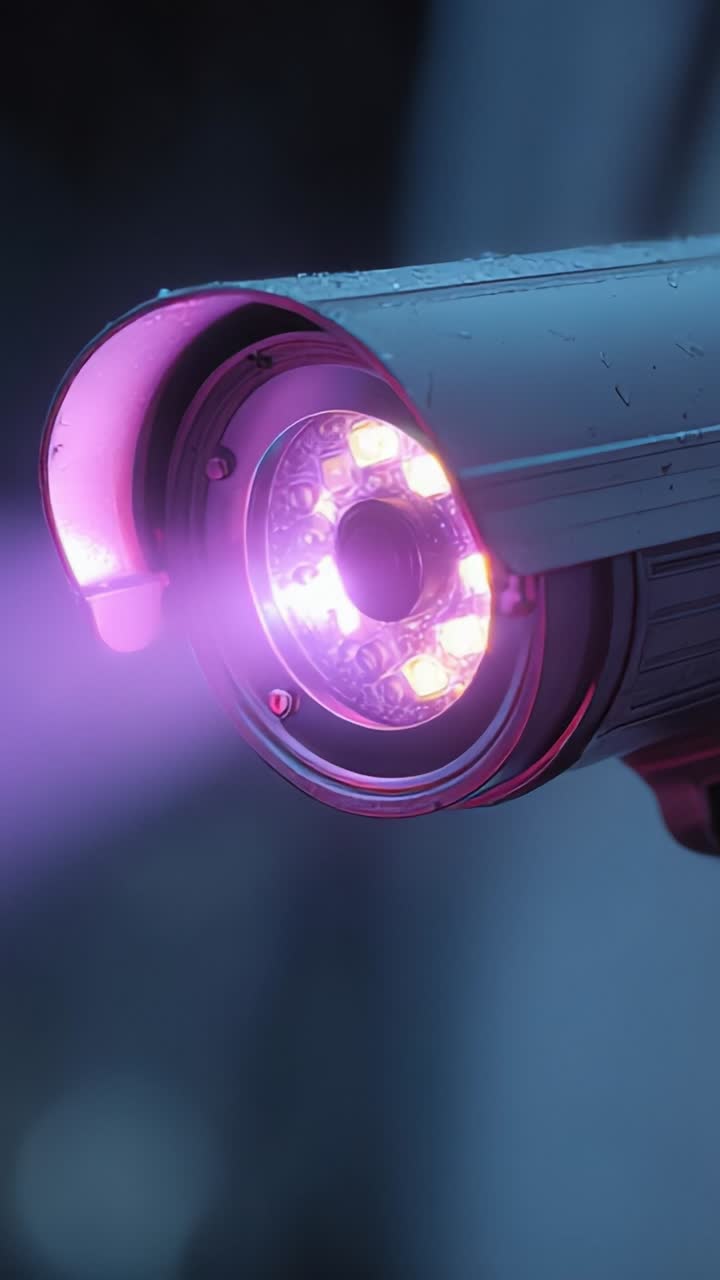 Vivid Close-Up of a Modern Surveillance Camera with Illuminated LED Features and Rain Drops, Showcasing Advanced Technology in Action