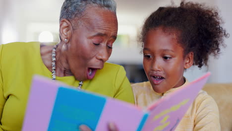 grandmother, kid and reading books for surprise