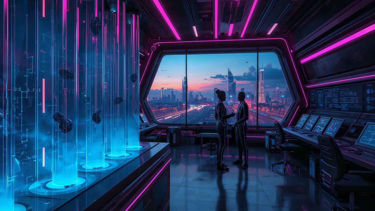 Futuristic Control Room with Cityscape View