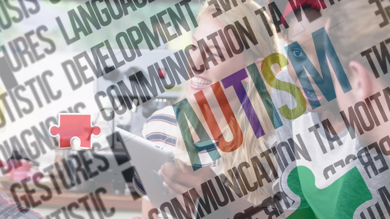 다채로운 퍼즐 조각과 자폐증 텍스트의 애니메이션 비즈니스 사람들이 디지털 장치를 사용하여