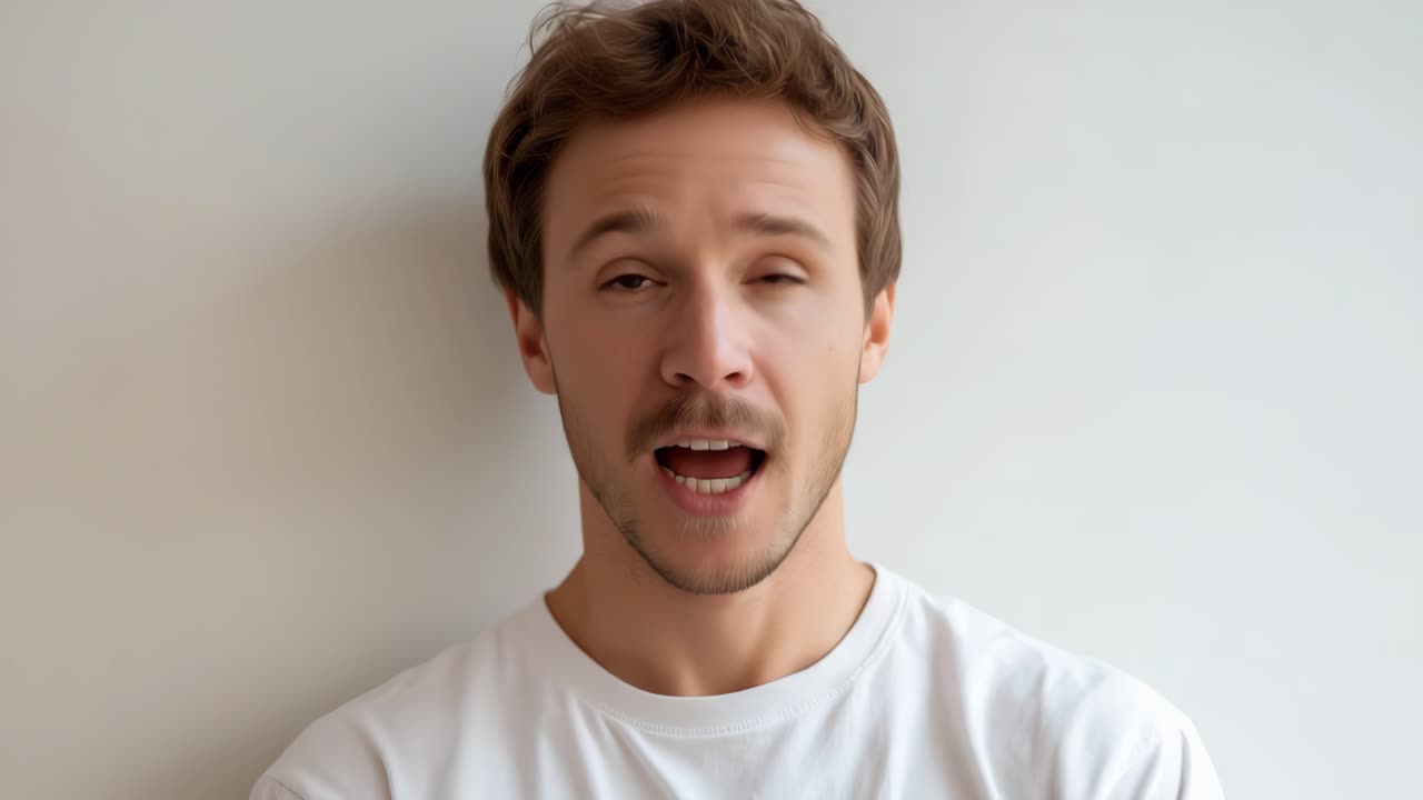 Young man with light brown hair shifts from a calm smile to a surprised expression, capturing a vivid emotional journey in a simple, clean environment
