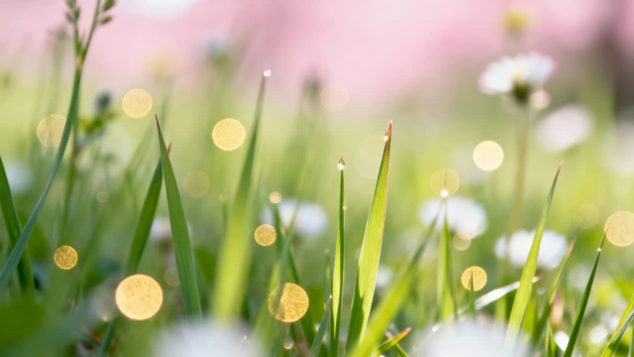Brise matinale faisant onduler de grands brins d'herbe avec des marguerites captant la rosée et un flou artistique bokeh rose chaud.