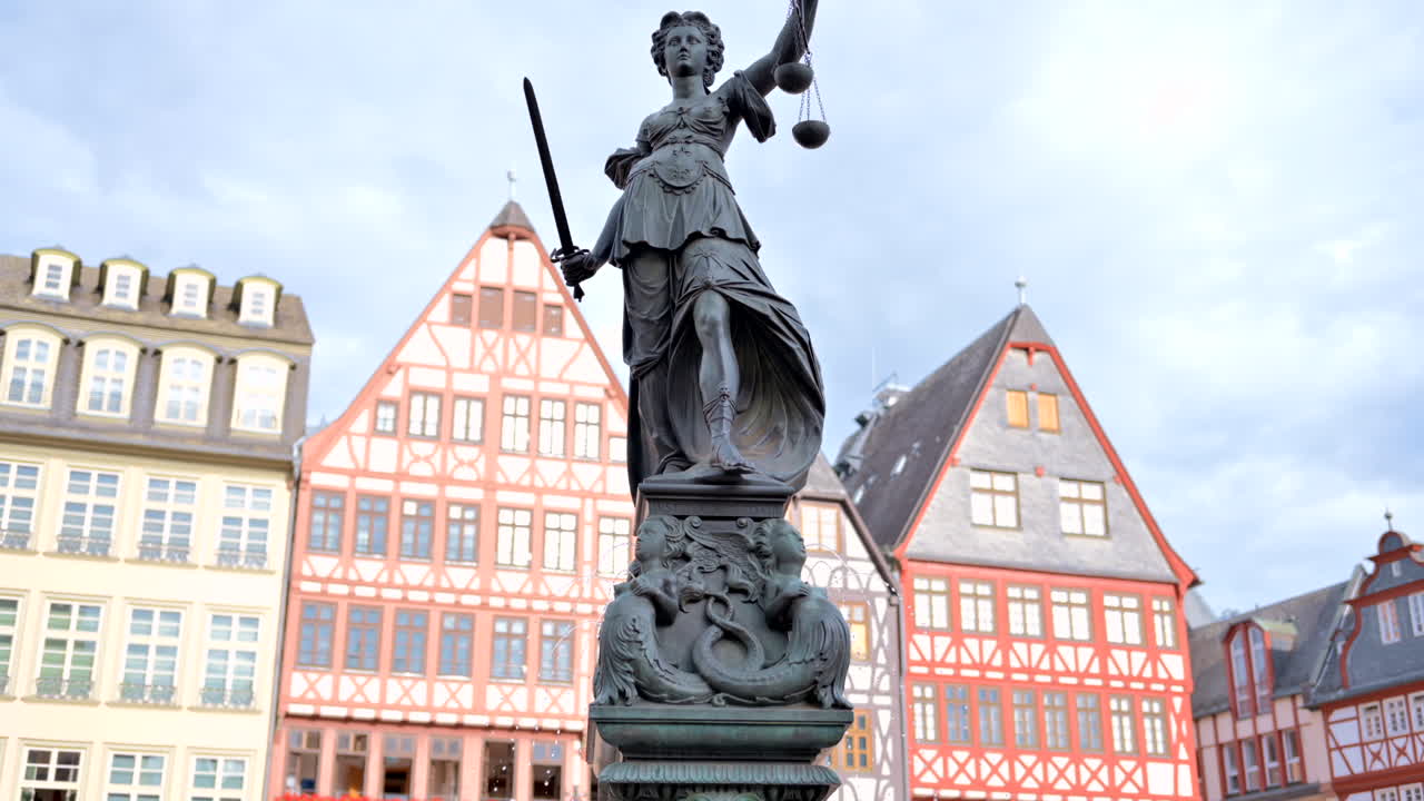 The Fountain of Justice in Romerberg historical market square in Frankfurt, Germany