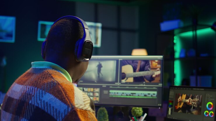 Man editing video at his desk