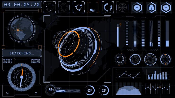 Motion graphic of head up display ( HUD UI ) technology interface screen with futuristic 3D elements graph and chat panel