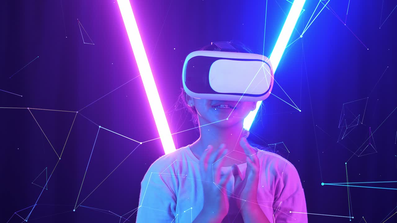 Vr, Futuristic, Entertainment Concept. Excited Asian Young Girl Using Virtual Reality Headset And Feel Scary With Neon Light At The Background
