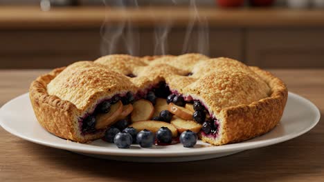 warm blueberry and apple pie with a slice removed