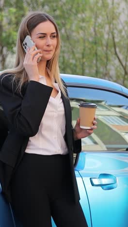 vertical video woman stands by a blue electric car, talking on the phone. the scene shows her multitasking by combining a phone call with her ecofriendly way of transportation